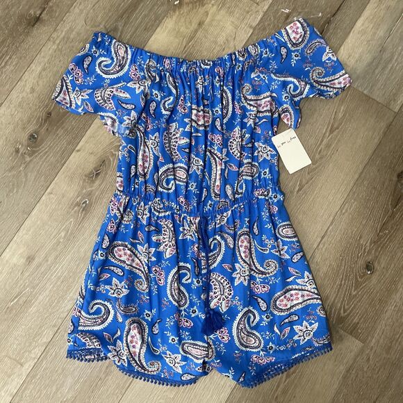 Bebop Blue Paisley Romper Jumper Shortalls Size XL NWT Off Shoulder Shorts - Picture 1 of 10